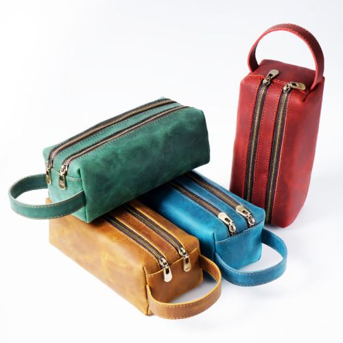  Handcrafted Double Zipper Leather Stationery Organizer Pencil Case