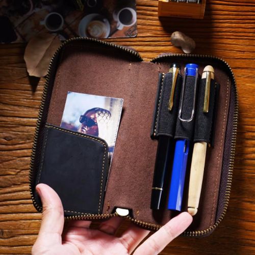 Vintage Handcrafted Leather Wallet With Pencil Case