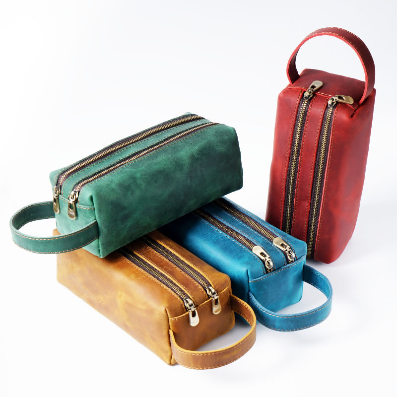 Handcrafted Double Zipper Leather Stationery Organizer Pencil Case