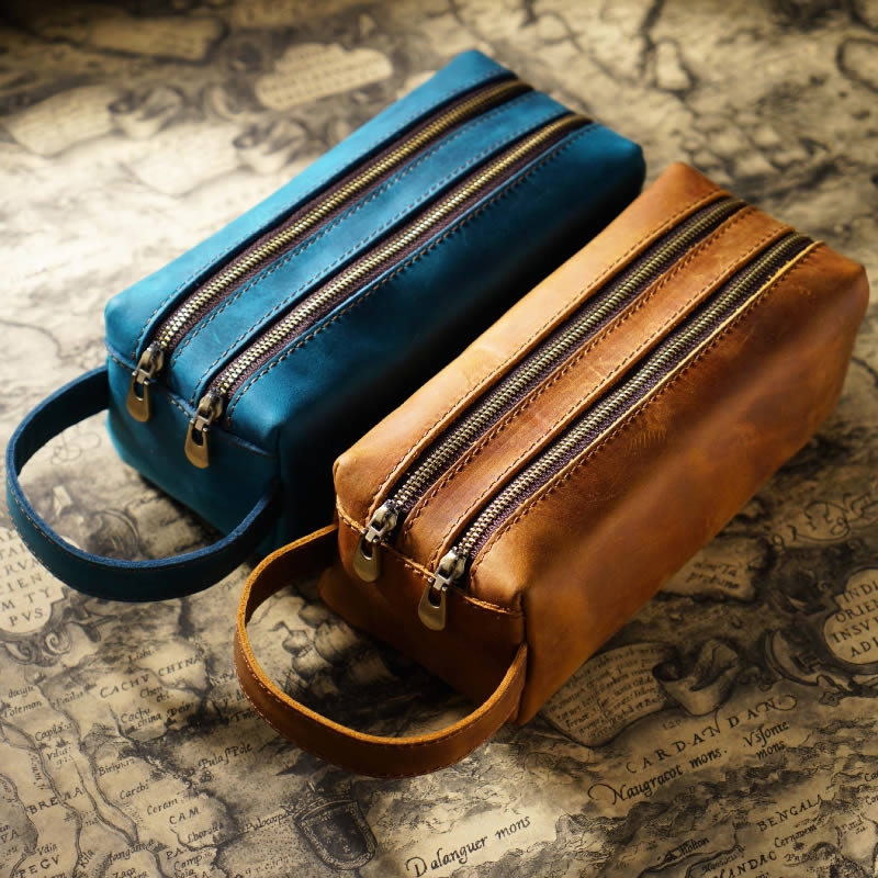 Handcrafted Double Zipper Leather Stationery Organizer Pencil Case