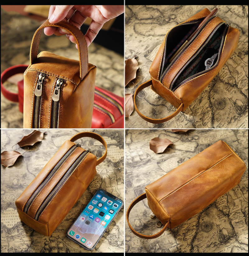 Handcrafted Double Zipper Leather Stationery Organizer Pencil Case