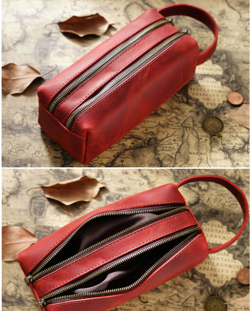 Handcrafted Double Zipper Leather Stationery Organizer Pencil Case