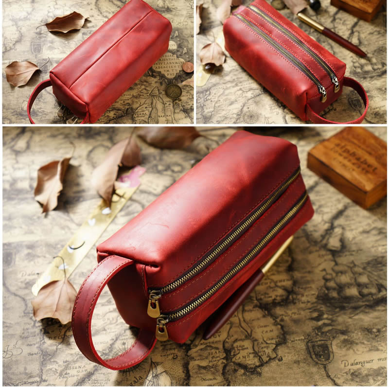 Handcrafted Double Zipper Leather Stationery Organizer Pencil Case