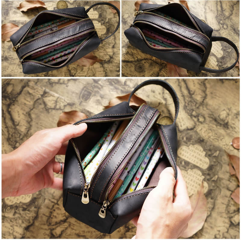Handcrafted Double Zipper Leather Stationery Organizer Pencil Case