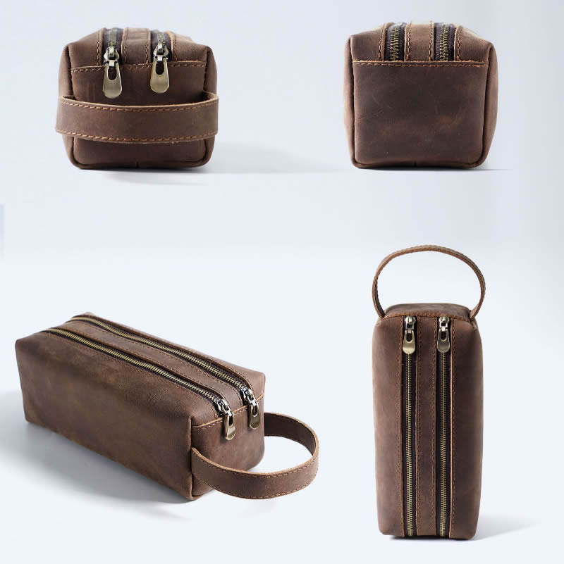 Handcrafted Double Zipper Leather Stationery Organizer Pencil Case