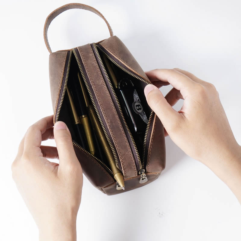 Handcrafted Double Zipper Leather Stationery Organizer Pencil Case