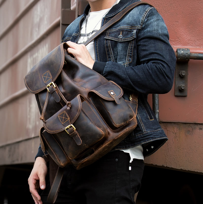 Handmade Retro Cowhide Backpack For Outdoor Travel
