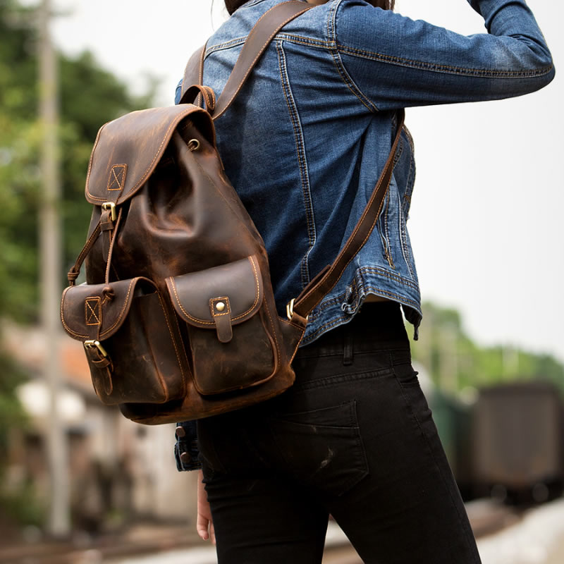 Handmade Retro Cowhide Backpack For Outdoor Travel