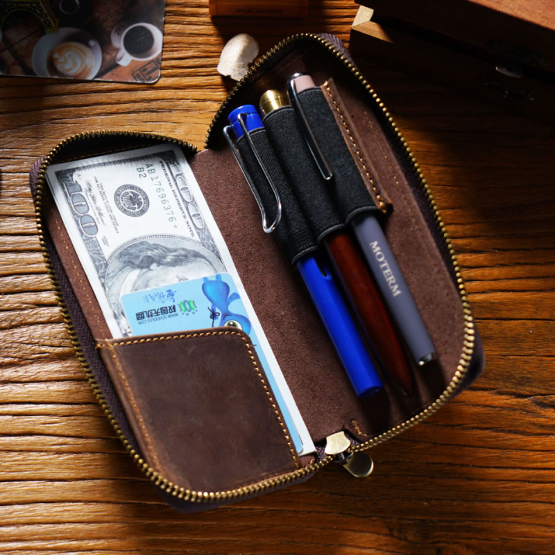 Retro Handcrafted Leather Wallet With Pen Pouch