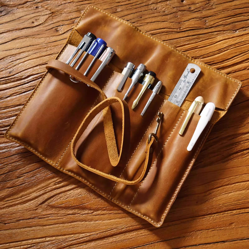 Handmade Cowhide Leather Pen Pouch Roll-up Pencil Case Bag Stationery  Storage