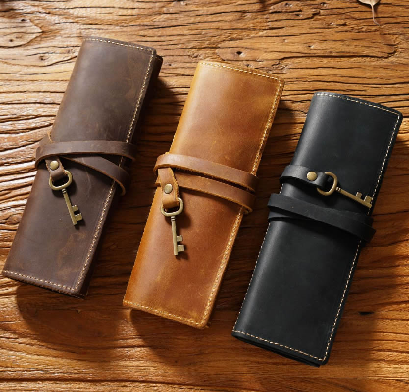 Simple Handmade Cowhide Pencil Case Stationery Storage