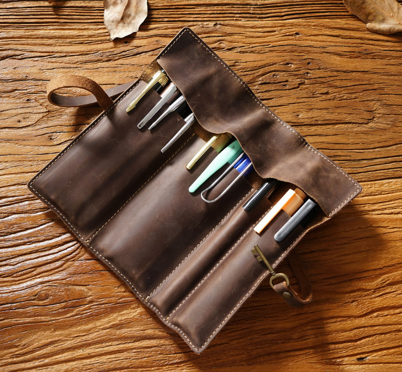 Simple Handmade Cowhide Pencil Case Stationery Storage
