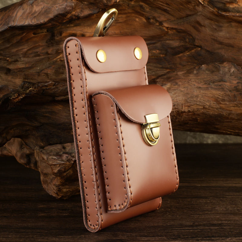 Vintage Leather Waist Bag with Double Layers and Phone Pouch
