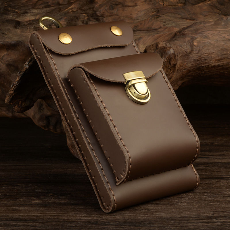 Vintage Leather Waist Bag With Double Layers And Phone Pouch