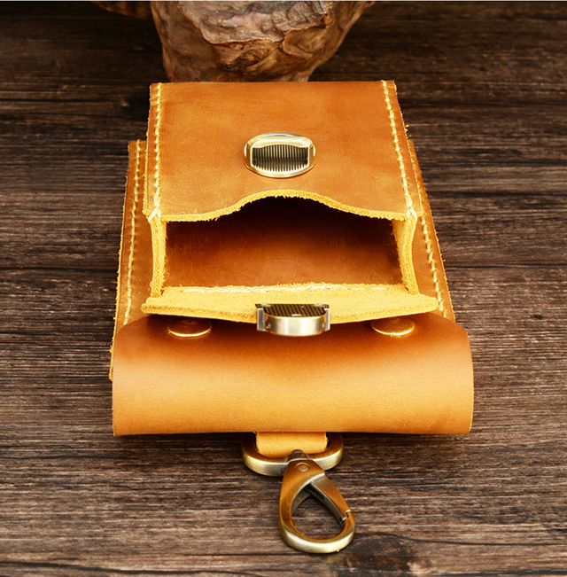 Vintage Leather Waist Bag With Double Layers And Phone Pouch